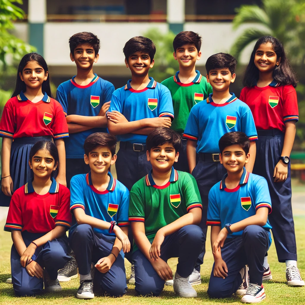 10-year-old Indian students wearing colorful house T-shirts (red, blue, green, and yellow) with navy blue trousers/skirts, standing in a school setting. Madhav Textiles provides high-quality school uniforms for retailers across India."
