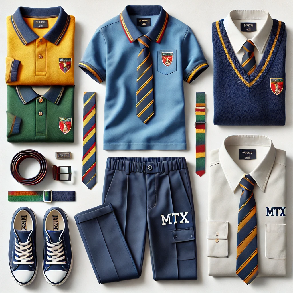 "A neatly arranged set featuring a collared t-shirt in vibrant but slightly toned-down colors, along with a school shirt, trousers, matching tracksuit, tie, belt, and school coat. All the clothing items display 'MTX' labels. The uniform pieces are carefully laid out on a clean surface with natural light emphasizing the details. The overall arrangement is organized and polished, giving a sense of readiness and uniformity."